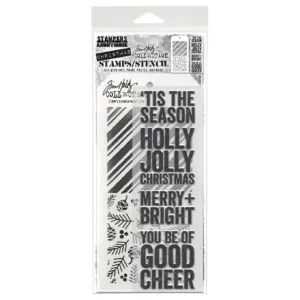 Tim Holtz Mixed-Media Stamps & Stencil Set — Bold Tidings, Peppermint and Pinecones
