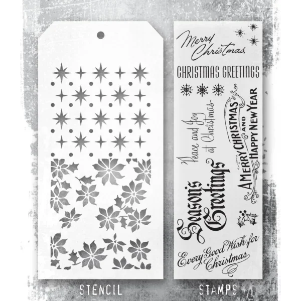 Tim Holtz Mixed-Media Stamps & Stencil Set — Vintage Christmas, Starry and Tiny Poinsettia - Image 2