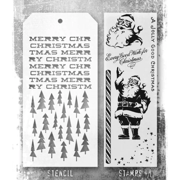 Tim Holtz Mixed-Media Stamps & Stencil Set — Jolly Holiday, Tree Lot and Merry Christmas - Image 2