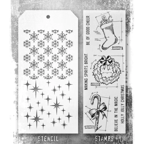 Tim Holtz Mixed-Media Stamps & Stencil Set — Blueprint Christmas 1, Twinkle and Flurries - Image 2
