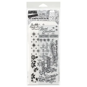 Tim Holtz Mixed-Media Stamps & Stencil Set — Vintage Christmas, Starry and Tiny Poinsettia