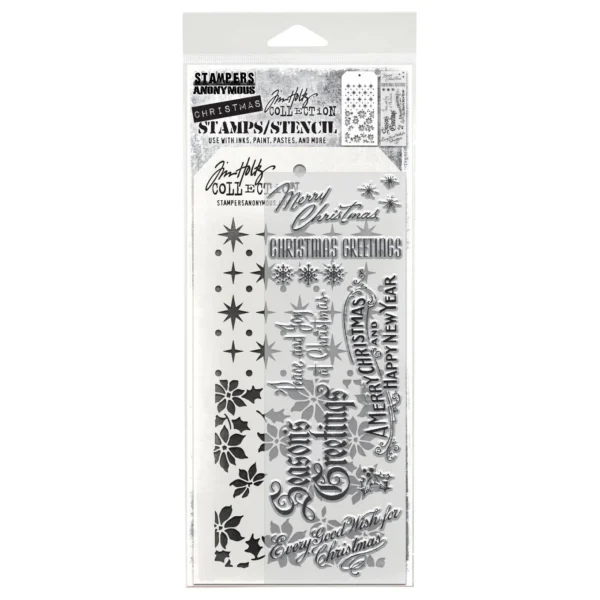 Tim Holtz Mixed-Media Stamps & Stencil Set — Vintage Christmas, Starry and Tiny Poinsettia