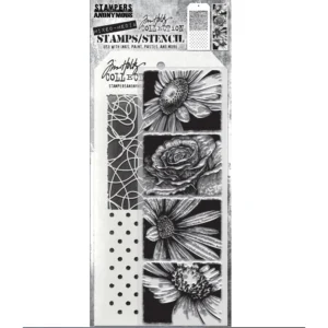 Tim Holtz Mixed-Media Stamps & Stencil Set — Bold Botanicals, Doodle and Polkadot