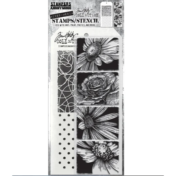 Tim Holtz Mixed-Media Stamps & Stencil Set — Bold Botanicals, Doodle and Polkadot