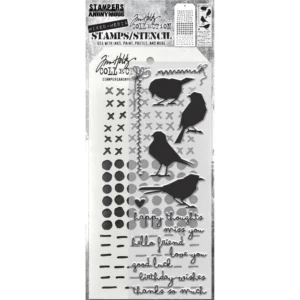Tim Holtz Mixed-Media Stamps & Stencil Set — Silhouette Birds, Stitches, Dotted and Dashes