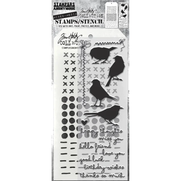 Tim Holtz Mixed-Media Stamps & Stencil Set — Silhouette Birds, Stitches, Dotted and Dashes