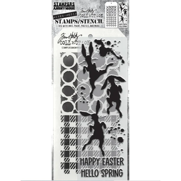 Tim Holtz Mixed-Media Stamps & Stencil Set — Bunny Hop, Ringer and Gingham