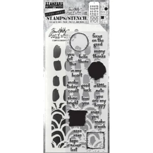 Tim Holtz Mixed-Media Stamps & Stencil Set — Note Quotes, Brush Mark and Brush Arch