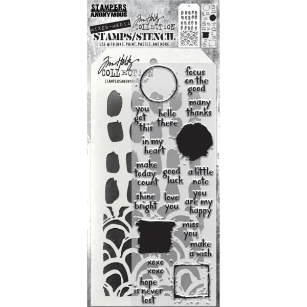 Tim Holtz Mixed-Media Stamps & Stencil Set — Note Quotes, Brush Mark and Brush Arch