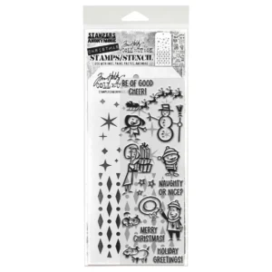 Tim Holtz Mixed-Media Stamps & Stencil Set — Christmas Cartoons, Diamond Dot and Twinkle