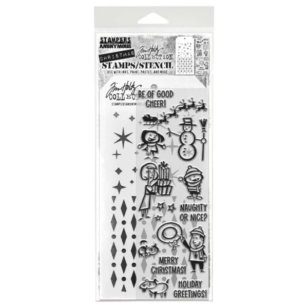Tim Holtz Mixed-Media Stamps & Stencil Set — Christmas Cartoons, Diamond Dot and Twinkle