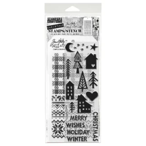Tim Holtz Mixed-Media Stamps & Stencil Set — Festive Print, Holiday Knit and Gingham