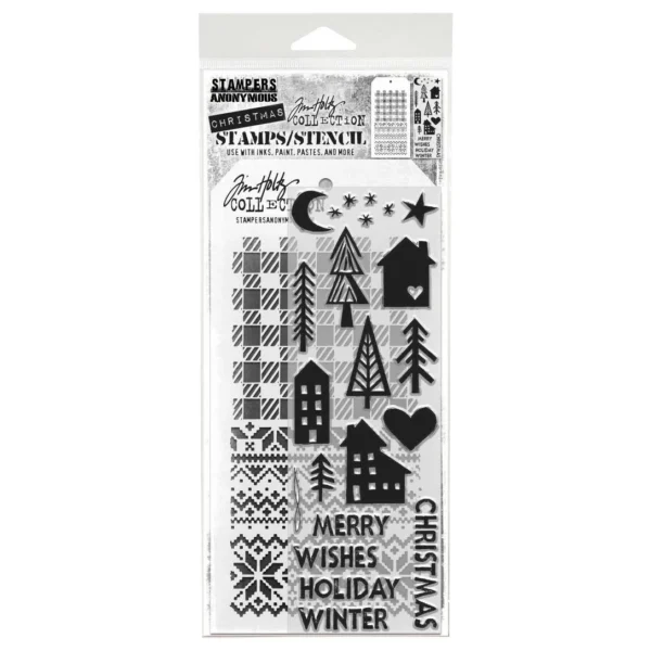 Tim Holtz Mixed-Media Stamps & Stencil Set — Festive Print, Holiday Knit and Gingham