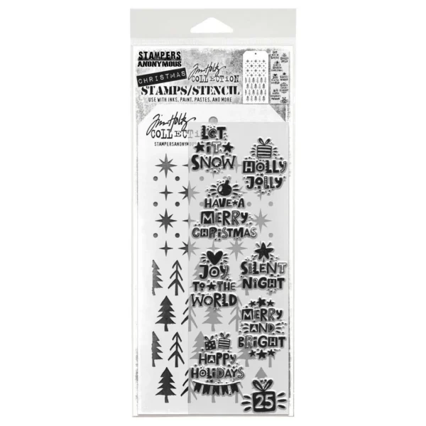Tim Holtz Mixed-Media Stamps & Stencil Set — Holiday Whatnots, Starry and Pines