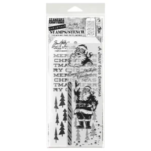 Tim Holtz Mixed-Media Stamps & Stencil Set — Jolly Holiday, Tree Lot and Merry Christmas