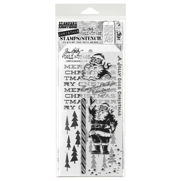 Tim Holtz Mixed-Media Stamps & Stencil Set — Jolly Holiday, Tree Lot and Merry Christmas