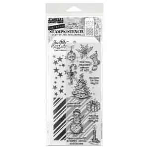 Tim Holtz Mixed-Media Stamps & Stencil Set — Tattered Christmas, Peppermint and Falling Stars
