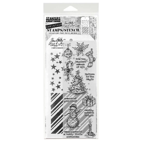 Tim Holtz Mixed-Media Stamps & Stencil Set — Tattered Christmas, Peppermint and Falling Stars