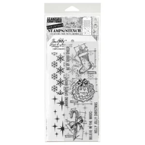 Tim Holtz Mixed-Media Stamps & Stencil Set — Blueprint Christmas 1, Twinkle and Flurries