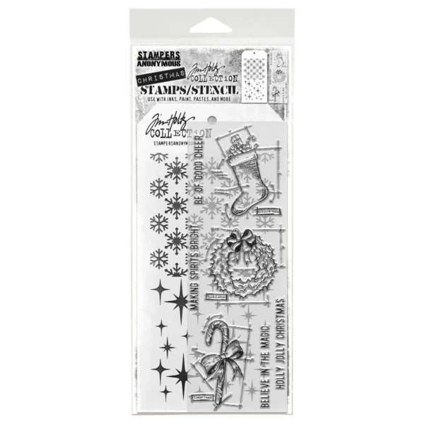 Tim Holtz Mixed-Media Stamps & Stencil Set — Blueprint Christmas 1, Twinkle and Flurries