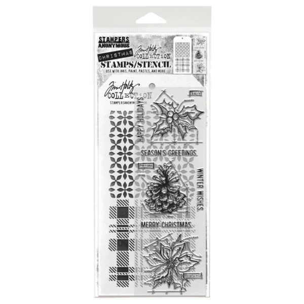 Tim Holtz Mixed-Media Stamps & Stencil Set — Blueprint Christmas 2, Plaid and Nordic